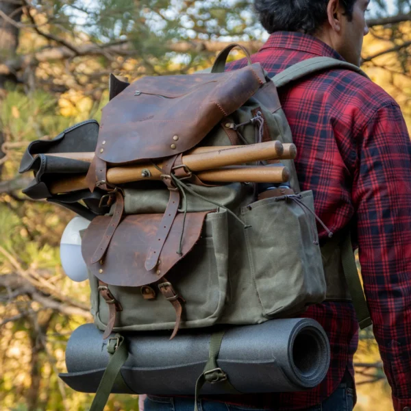 Hakiki deri ve mumlu kanvas kamp sırt çantası
