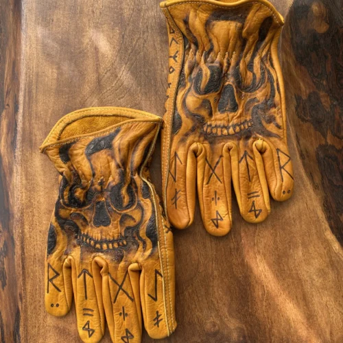 INFERNO SIGIL runik tasarımlı hakiki deri custom motosiklet eldiveni