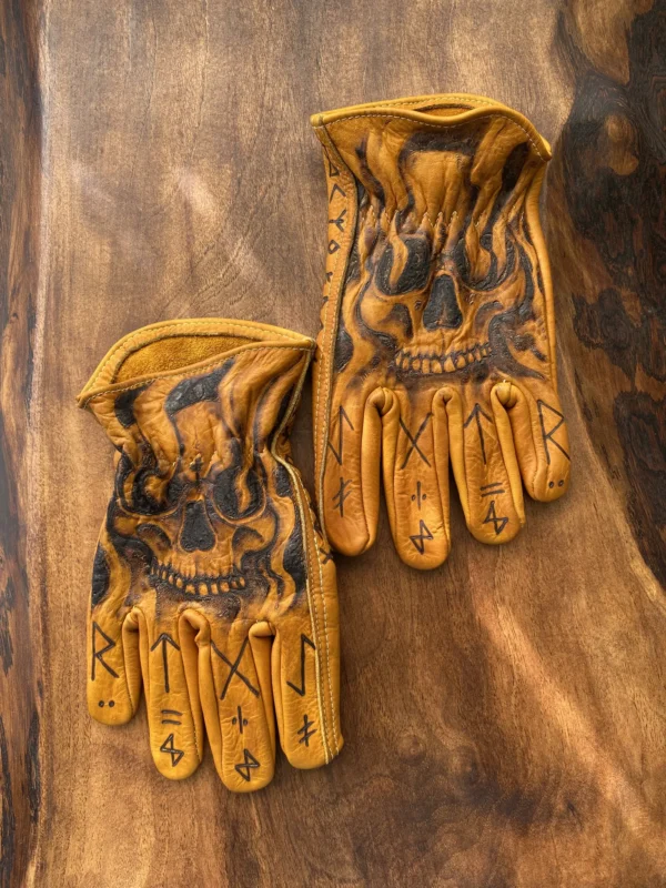 INFERNO SIGIL runik tasarımlı hakiki deri custom motosiklet eldiveni